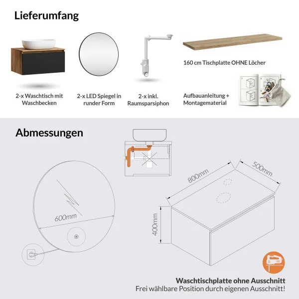 ARISA Double Vanity Unit, 160 cm, in Black, with 2 VELUNA 60 cm LED Mirrors and 2 White Ceramic Countertop Sinks, 60 cm