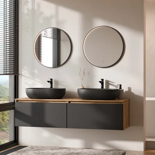 Meuble-lavabo double ARISA 160 cm, noir, avec 2 miroirs à LED VELUNA 60 cm et 2 vasques en céramique noires à poser 60 cm