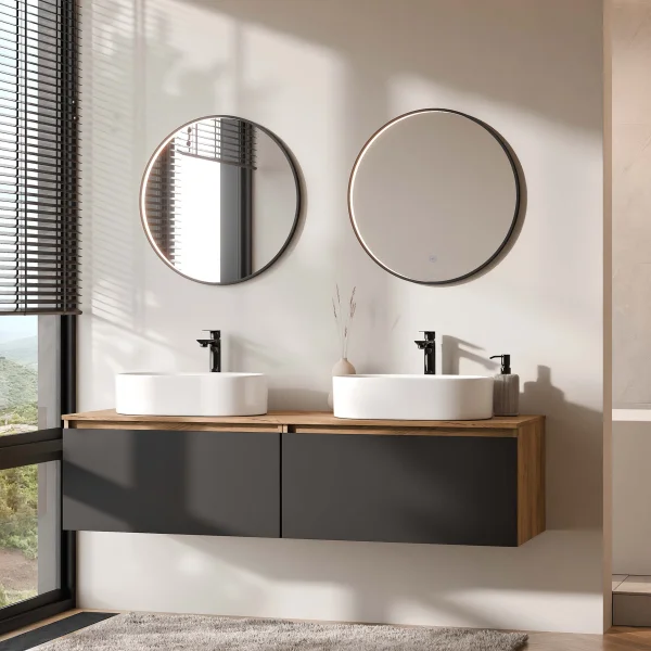 ARISA Double Vanity Unit, 160 cm, in Black, with 2 VELUNA 60 cm LED Mirrors and 2 White Ceramic Countertop Sinks, 55 cm
