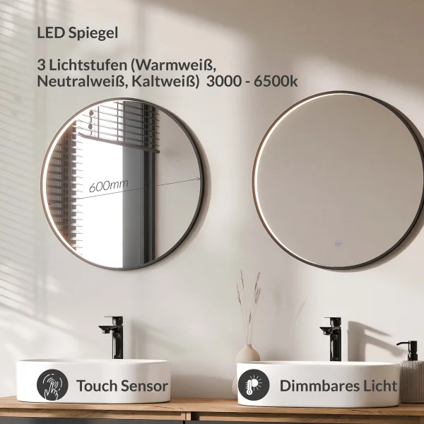 ARISA Double Vanity Unit, 160 cm, in Black, with 2 VELUNA 60 cm LED Mirrors and 2 White Ceramic Countertop Sinks, 55 cm