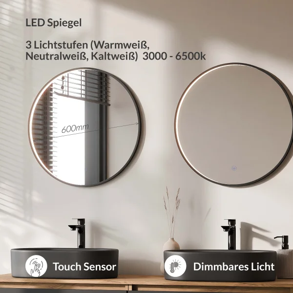 Meuble-lavabo double ARISA 160 cm, noir, avec 2 miroirs à LED VELUNA 60 cm et 2 vasques en céramique noires à poser 55 cm
