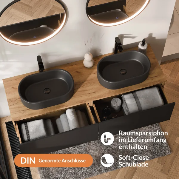 Meuble-lavabo double ARISA 160 cm, noir, avec 2 miroirs à LED VELUNA 60 cm et 2 vasques en céramique noires à poser 55 cm