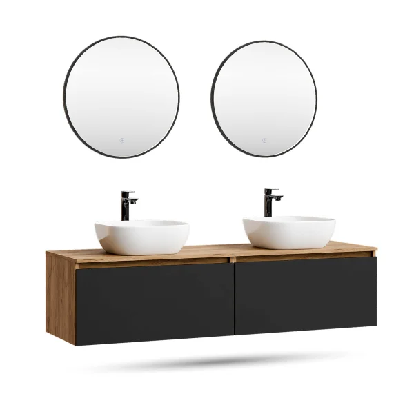 ARISA Double Vanity Unit, 160 cm, in Black, with 2 VELUNA 60 cm LED Mirrors and 2 White Ceramic Countertop Sinks, 42 cm