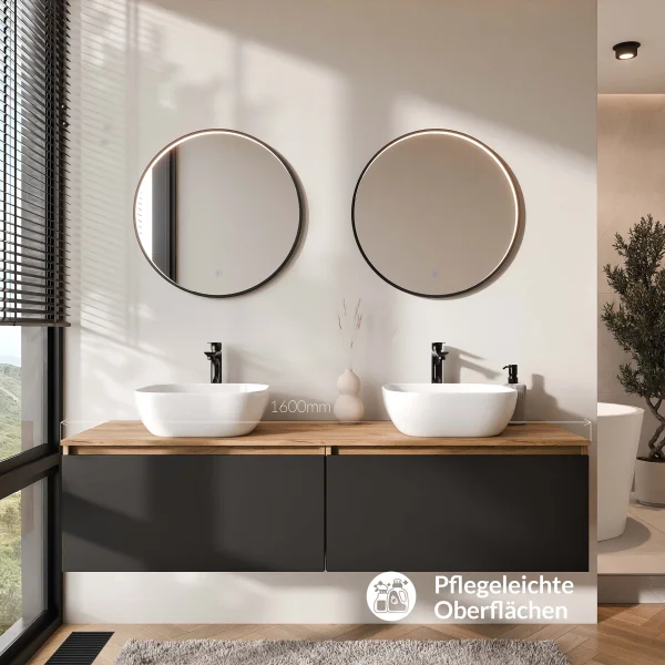 ARISA Double Vanity Unit, 160 cm, in Black, with 2 VELUNA 60 cm LED Mirrors and 2 White Ceramic Countertop Sinks, 42 cm