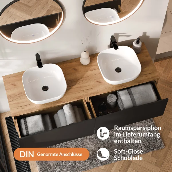 ARISA Double Vanity Unit, 160 cm, in Black, with 2 VELUNA 60 cm LED Mirrors and 2 White Ceramic Countertop Sinks, 42 cm