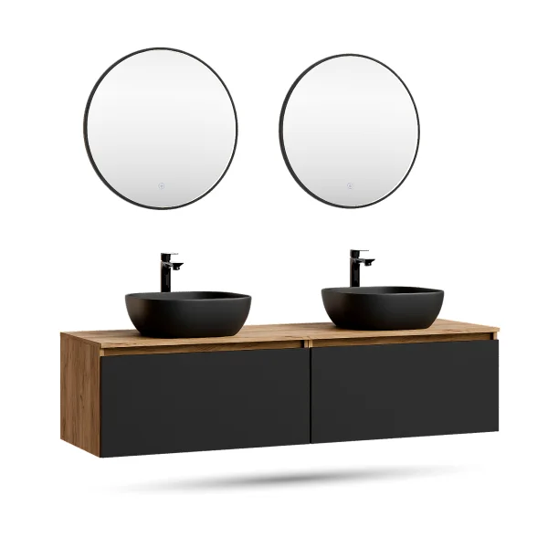 Meuble-lavabo double ARISA 160 cm, noir, avec 2 miroirs LED VELUNA 60 cm et 2 vasques en céramique noires à poser 42 cm