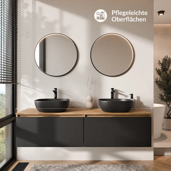 Meuble-lavabo double ARISA 160 cm, noir, avec 2 miroirs LED VELUNA 60 cm et 2 vasques en céramique noires à poser 42 cm