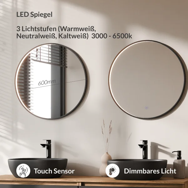 Meuble-lavabo double ARISA 160 cm, noir, avec 2 miroirs LED VELUNA 60 cm et 2 vasques en céramique noires à poser 42 cm