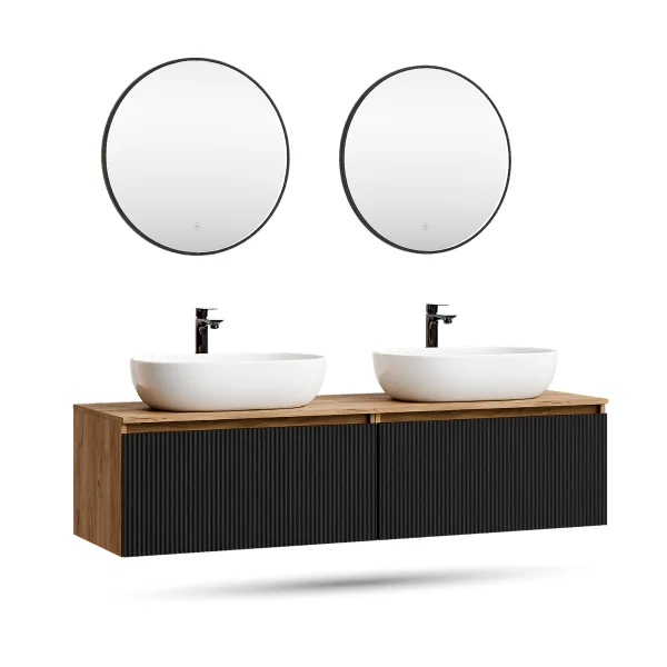 ARISA Double Vanity Unit, 160 cm, in Black Ribbed, with 2 VELUNA 60 cm LED Mirrors and 2 White Ceramic Countertop Sinks, 60 cm