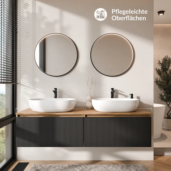 ARISA Double Vanity Unit, 160 cm, in Black Ribbed, with 2 VELUNA 60 cm LED Mirrors and 2 White Ceramic Countertop Sinks, 60 cm