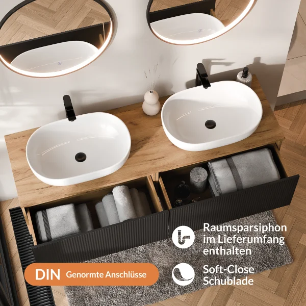 ARISA Double Vanity Unit, 160 cm, in Black Ribbed, with 2 VELUNA 60 cm LED Mirrors and 2 White Ceramic Countertop Sinks, 60 cm