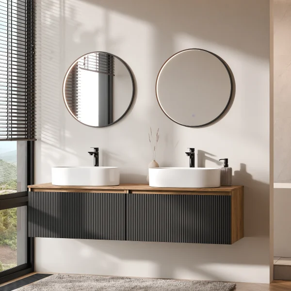 ARISA Double Vanity Unit, 160 cm, in Black Ribbed, with 2 VELUNA 60 cm LED Mirrors and 2 White Ceramic Countertop Sinks, 55 cm