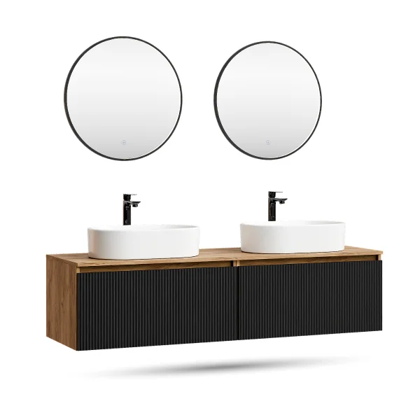 ARISA Double Vanity Unit, 160 cm, in Black Ribbed, with 2 VELUNA 60 cm LED Mirrors and 2 White Ceramic Countertop Sinks, 55 cm