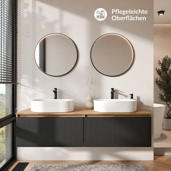 ARISA Double Vanity Unit, 160 cm, in Black Ribbed, with 2 VELUNA 60 cm LED Mirrors and 2 White Ceramic Countertop Sinks, 55 cm