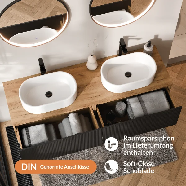 ARISA Double Vanity Unit, 160 cm, in Black Ribbed, with 2 VELUNA 60 cm LED Mirrors and 2 White Ceramic Countertop Sinks, 55 cm