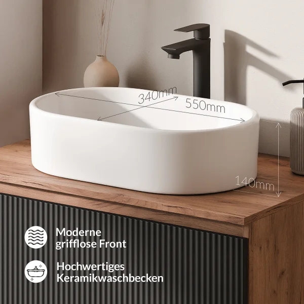 ARISA Double Vanity Unit, 160 cm, in Black Ribbed, with 2 VELUNA 60 cm LED Mirrors and 2 White Ceramic Countertop Sinks, 55 cm