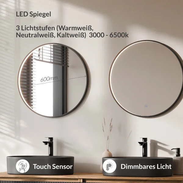 ARISA Doppelwaschtisch 160 cm in Schwarz Geriffelt mit 2 LED Spiegel VELUNA 60 cm und 2 schwarzen Keramik-Aufsatzwaschbecken 55 cm