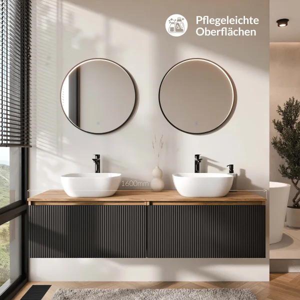 Meuble-lavabo double ARISA 160 cm, noir strié, avec 2 miroirs LED VELUNA 60 cm et 2 vasques en céramique blanches à poser de 42 cm