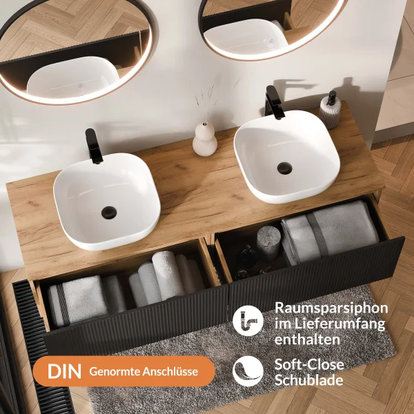 Meuble-lavabo double ARISA 160 cm, noir strié, avec 2 miroirs LED VELUNA 60 cm et 2 vasques en céramique blanches à poser de 42 cm