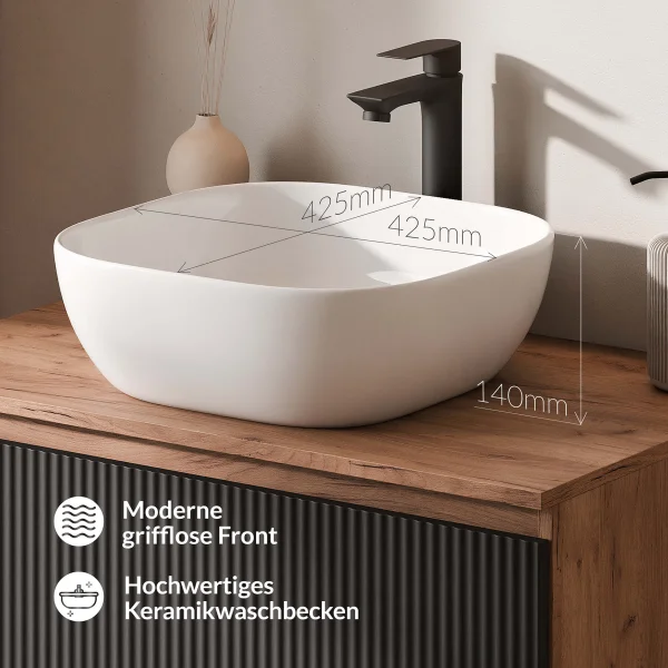 Meuble-lavabo double ARISA 160 cm, noir strié, avec 2 miroirs LED VELUNA 60 cm et 2 vasques en céramique blanches à poser de 42 cm