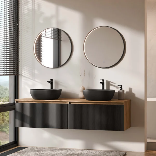 Meuble-lavabo double ARISA 160 cm, noir strié, avec 2 miroirs LED VELUNA 60 cm et 2 vasques en céramique noires à poser de 42 cm