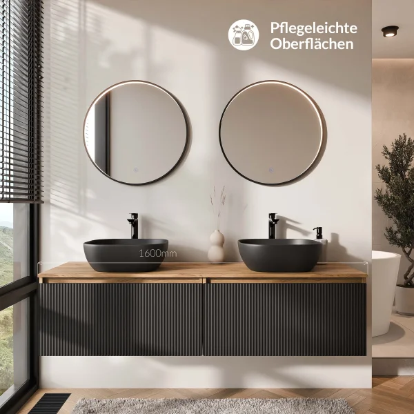 Meuble-lavabo double ARISA 160 cm, noir strié, avec 2 miroirs LED VELUNA 60 cm et 2 vasques en céramique noires à poser de 42 cm