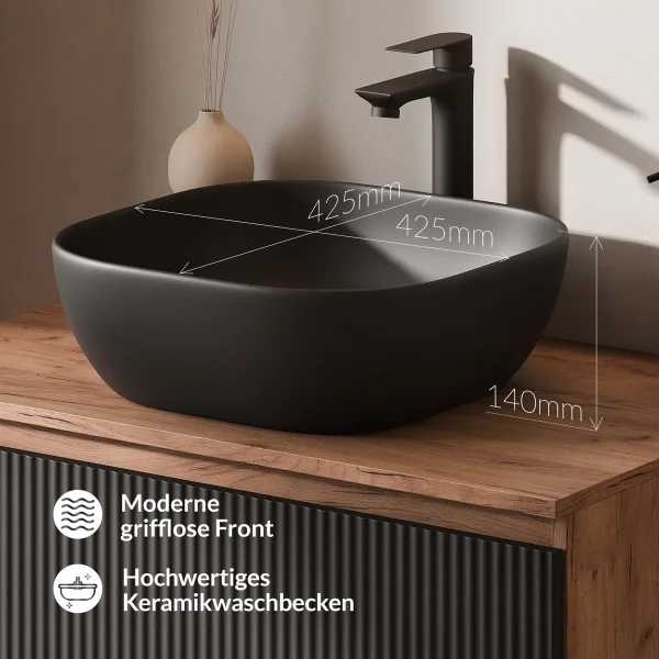 Meuble-lavabo double ARISA 160 cm, noir strié, avec 2 miroirs LED VELUNA 60 cm et 2 vasques en céramique noires à poser de 42 cm