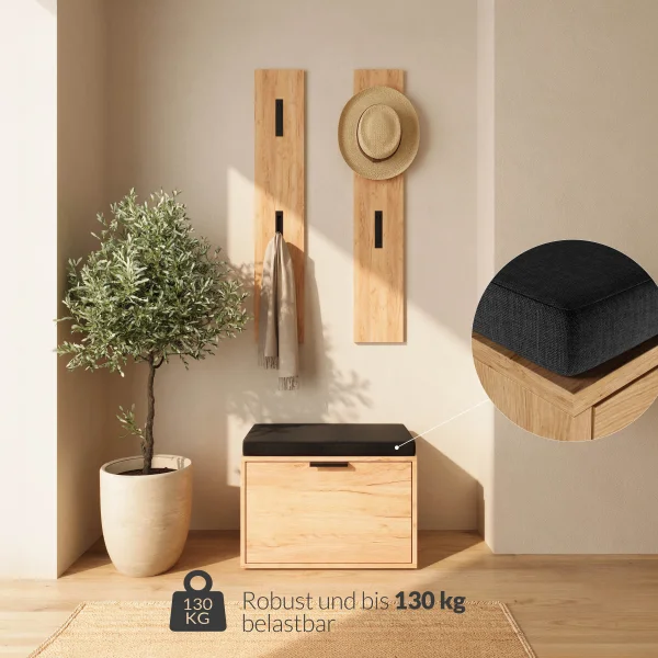 Panca porta scarpe ELYO da 60 cm con cuscino di seduta in rovere dorato e pannello guardaroba OSSA
