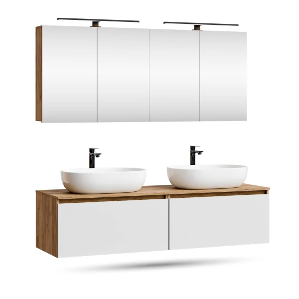 ARISA Doppelwaschtisch 160 cm mit 2 LED Spiegelschränken ARIA 80 cm und 2 Keramik-Aufsatzwaschbecken