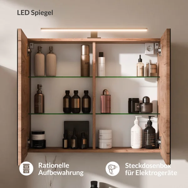 Meuble-lavabo double ARISA 160 cm, blanc strié, avec 2 armoires de toilette à LED ARIA 80 cm et 2 vasques en céramique blanches à poser 60 cm