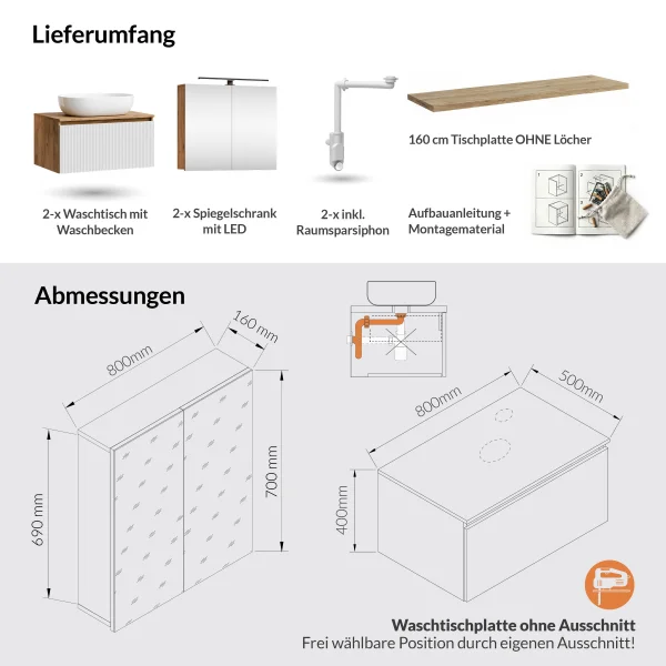 Meuble-lavabo double ARISA 160 cm, blanc strié, avec 2 armoires de toilette à LED ARIA 80 cm et 2 vasques en céramique blanches à poser 60 cm