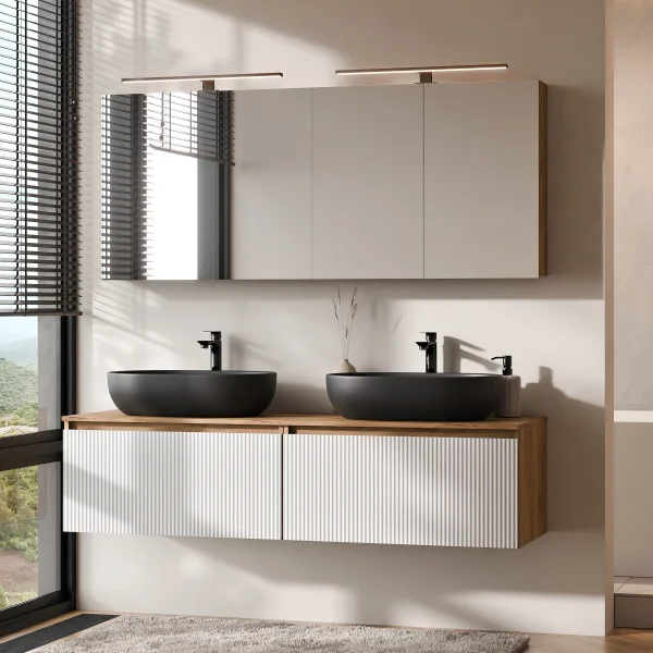 Meuble-lavabo double ARISA 160 cm, blanc strié, avec 2 armoires de toilette à LED ARIA 80 cm et 2 vasques en céramique noires à poser 60 cm