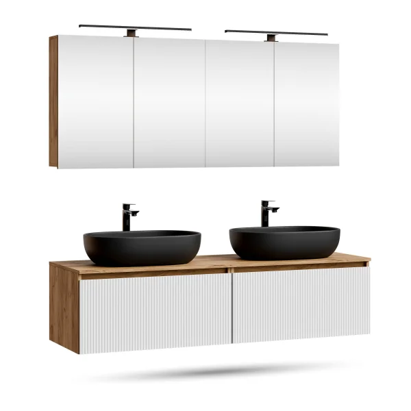 Meuble-lavabo double ARISA 160 cm, blanc strié, avec 2 armoires de toilette à LED ARIA 80 cm et 2 vasques en céramique noires à poser 60 cm