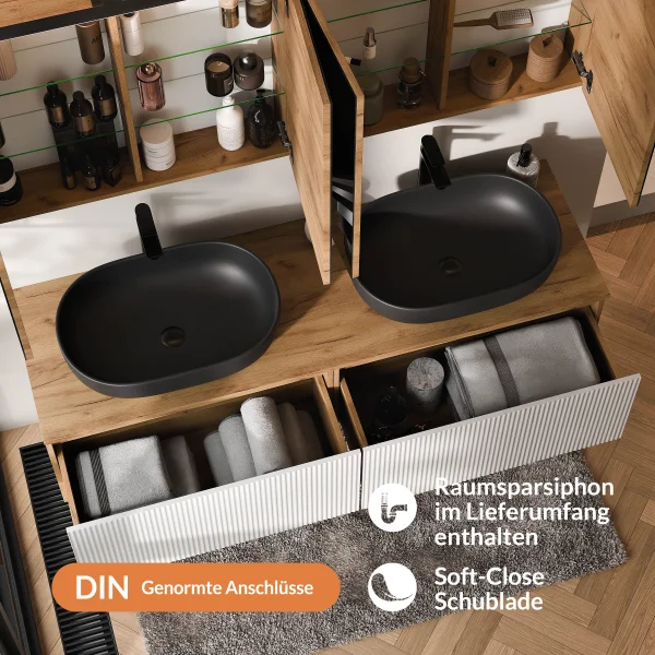 Meuble-lavabo double ARISA 160 cm, blanc strié, avec 2 armoires de toilette à LED ARIA 80 cm et 2 vasques en céramique noires à poser 60 cm