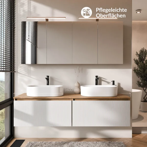 Meuble-lavabo double ARISA 160 cm, blanc strié, avec 2 armoires de toilette à LED ARIA 80 cm et 2 vasques en céramique blanches à poser 55 cm