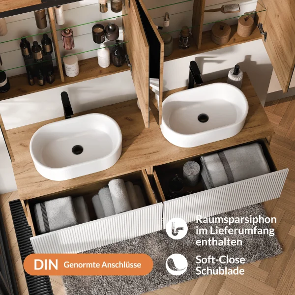 Meuble-lavabo double ARISA 160 cm, blanc strié, avec 2 armoires de toilette à LED ARIA 80 cm et 2 vasques en céramique blanches à poser 55 cm