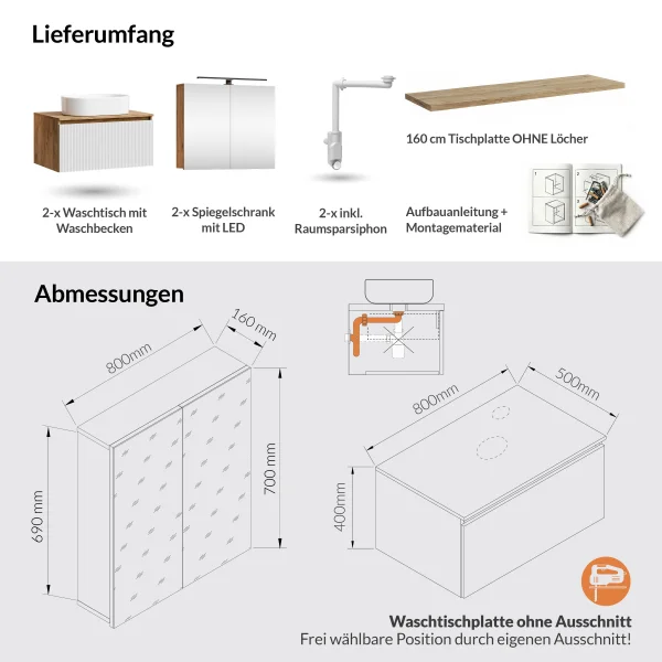 Meuble-lavabo double ARISA 160 cm, blanc strié, avec 2 armoires de toilette à LED ARIA 80 cm et 2 vasques en céramique blanches à poser 55 cm