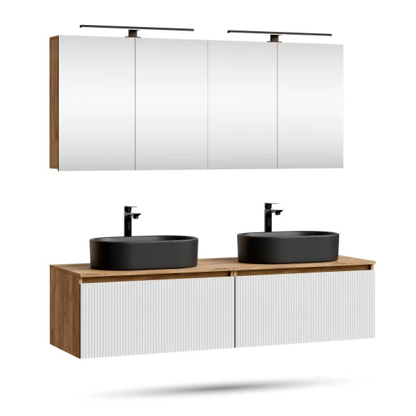 Meuble-lavabo double ARISA 160 cm, blanc strié, avec 2 armoires de toilette à LED ARIA 80 cm et 2 vasques en céramique noires à poser 55 cm