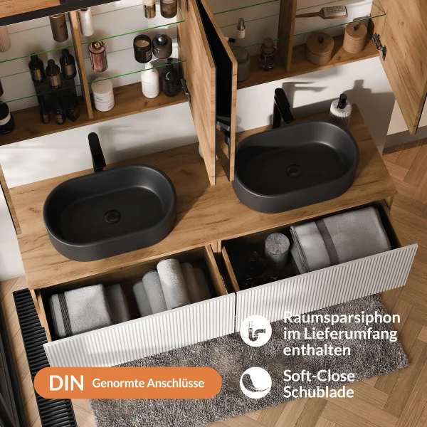 Meuble-lavabo double ARISA 160 cm, blanc strié, avec 2 armoires de toilette à LED ARIA 80 cm et 2 vasques en céramique noires à poser 55 cm