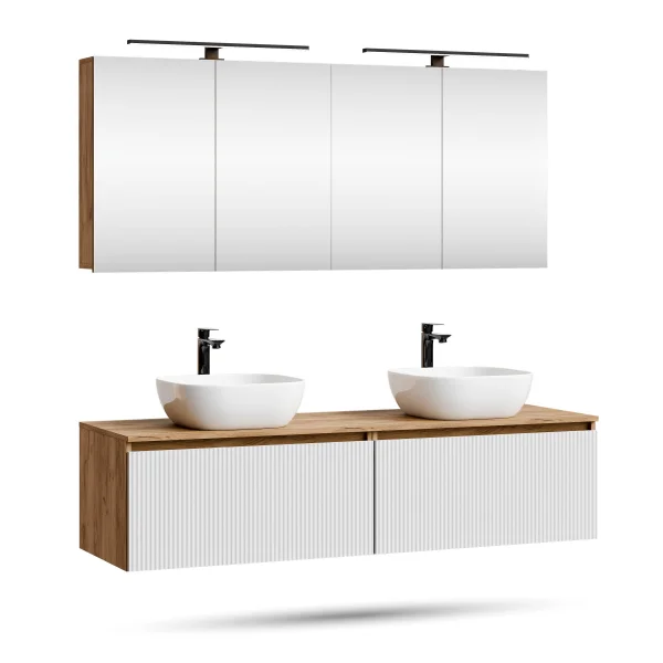 ARISA Double Vanity Unit, 160 cm, in White Ribbed, with 2 ARIA 80 cm LED Mirror Cabinets and 2 White Ceramic Countertop Sinks, 42 cm