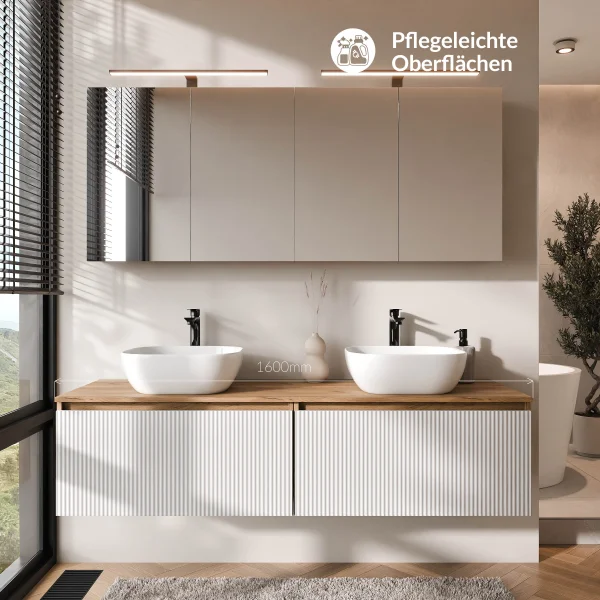 ARISA Double Vanity Unit, 160 cm, in White Ribbed, with 2 ARIA 80 cm LED Mirror Cabinets and 2 White Ceramic Countertop Sinks, 42 cm