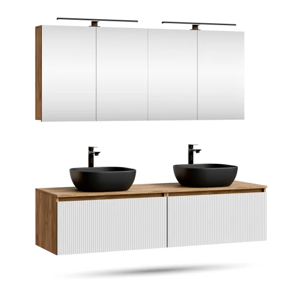 Meuble-lavabo double ARISA 160 cm, blanc strié, avec 2 armoires de toilette à LED ARIA 80 cm et 2 vasques en céramique noires à poser 42 cm