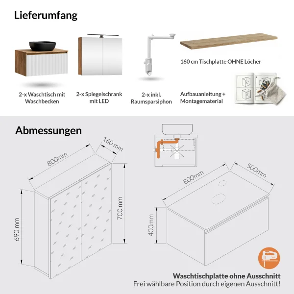 Meuble-lavabo double ARISA 160 cm, blanc strié, avec 2 armoires de toilette à LED ARIA 80 cm et 2 vasques en céramique noires à poser 42 cm