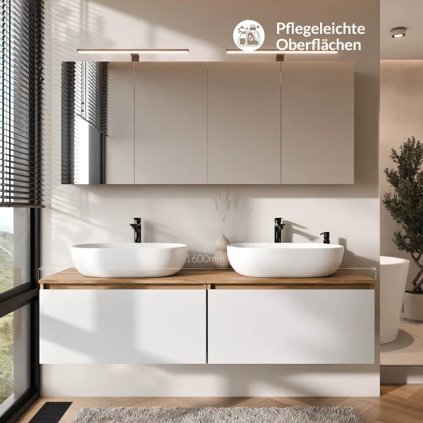 Conjunto de lavabo doble ARISA de 160 cm en color blanco, con 2 armarios con espejo LED ARIA de 80 cm y 2 lavabos sobre encimera de cerámica blanca de 60 cm