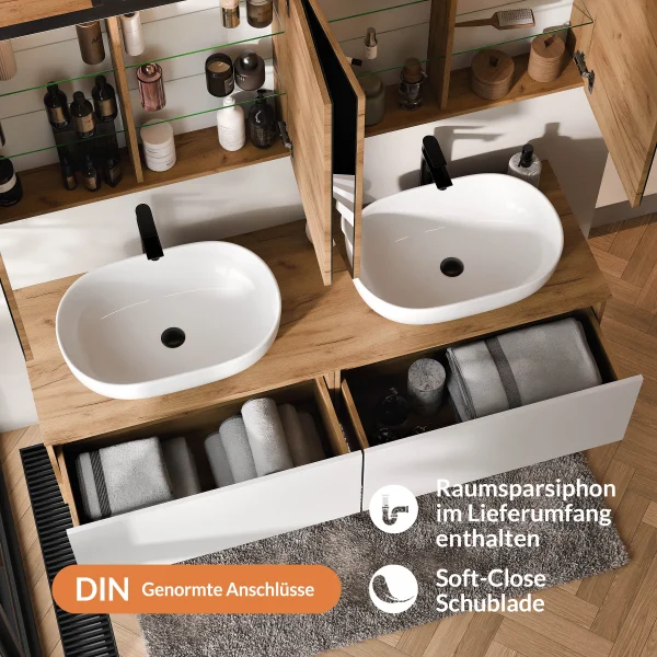 Conjunto de lavabo doble ARISA de 160 cm en color blanco, con 2 armarios con espejo LED ARIA de 80 cm y 2 lavabos sobre encimera de cerámica blanca de 60 cm