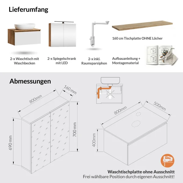 Conjunto de lavabo doble ARISA de 160 cm en color blanco, con 2 armarios con espejo LED ARIA de 80 cm y 2 lavabos sobre encimera de cerámica blanca de 60 cm