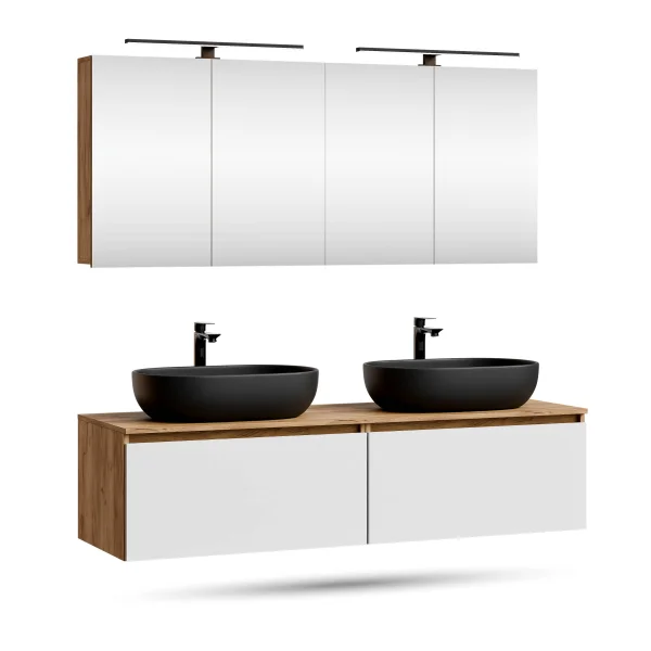 ARISA Doppelwaschtisch 160 cm in Weiß mit 2 LED Spiegelschränken ARIA 80 cm und 2 schwarzen Keramik-Aufsatzwaschbecken 60 cm