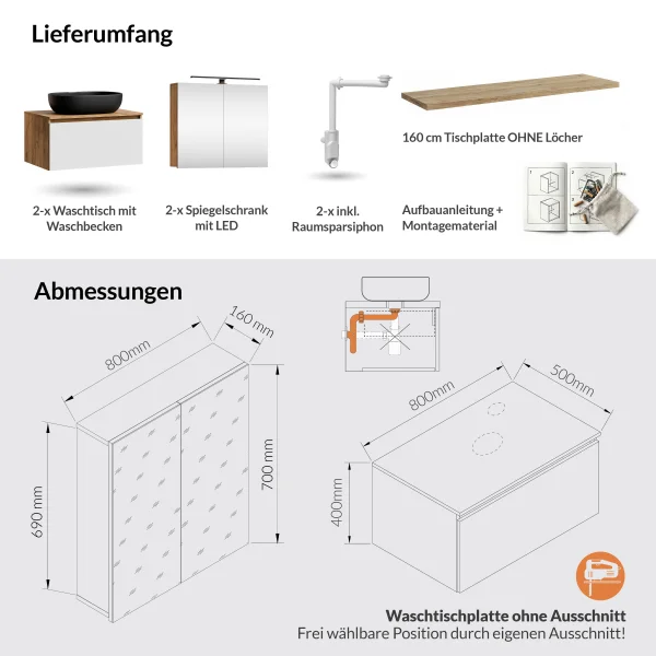 ARISA Doppelwaschtisch 160 cm in Weiß mit 2 LED Spiegelschränken ARIA 80 cm und 2 schwarzen Keramik-Aufsatzwaschbecken 60 cm