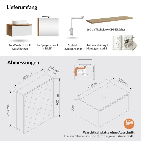 ARISA Doppelwaschtisch 160 cm in Weiß mit 2 LED Spiegelschränken ARIA 80 cm und 2 weißen Keramik-Aufsatzwaschbecken 55 cm