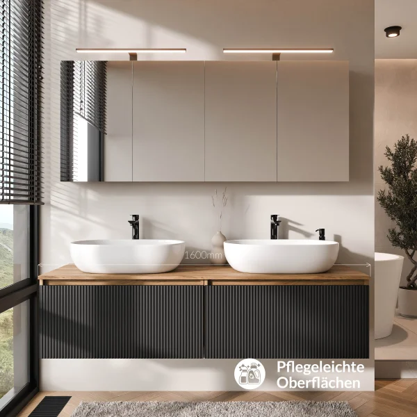 ARISA Double Vanity Unit, 160 cm, in Black Ribbed, with 2 ARIA 80 cm LED Mirror Cabinets and 2 white 60 cm ceramic countertop sinks